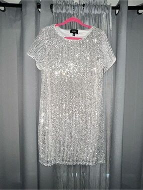 MSK Silver Sequin Short Sleeve Dress - Size L